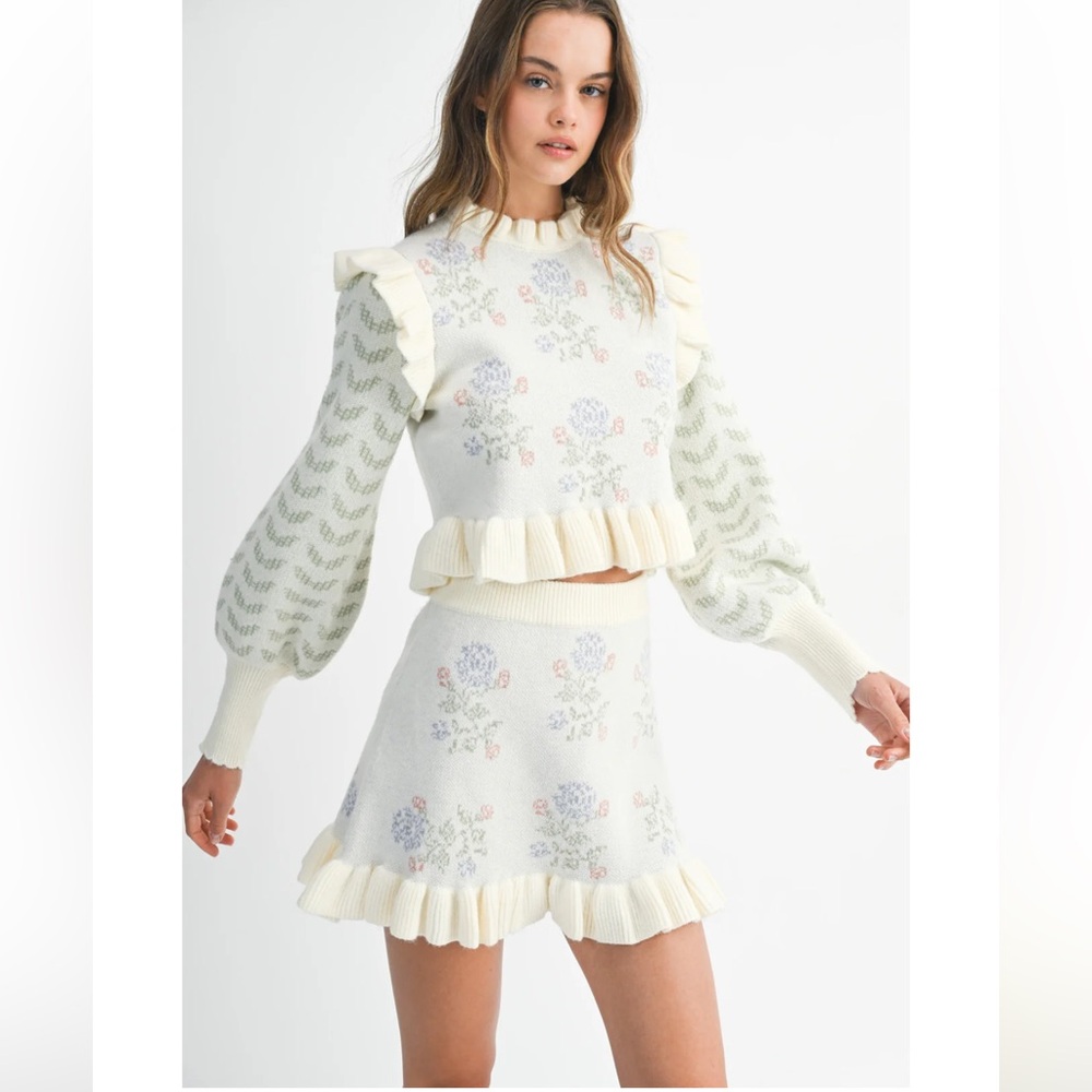 Floral Knit Skirt with Ruffle Hem